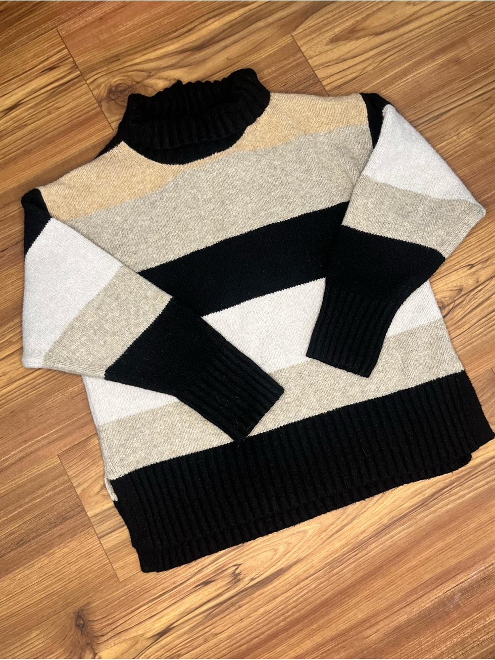 a new day Black, Cream, Tan Striped Turtleneck Sweater